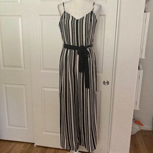 Monteau White and Black Vertical Stripe V-Neck Spaghetti Strap Jumpsuit